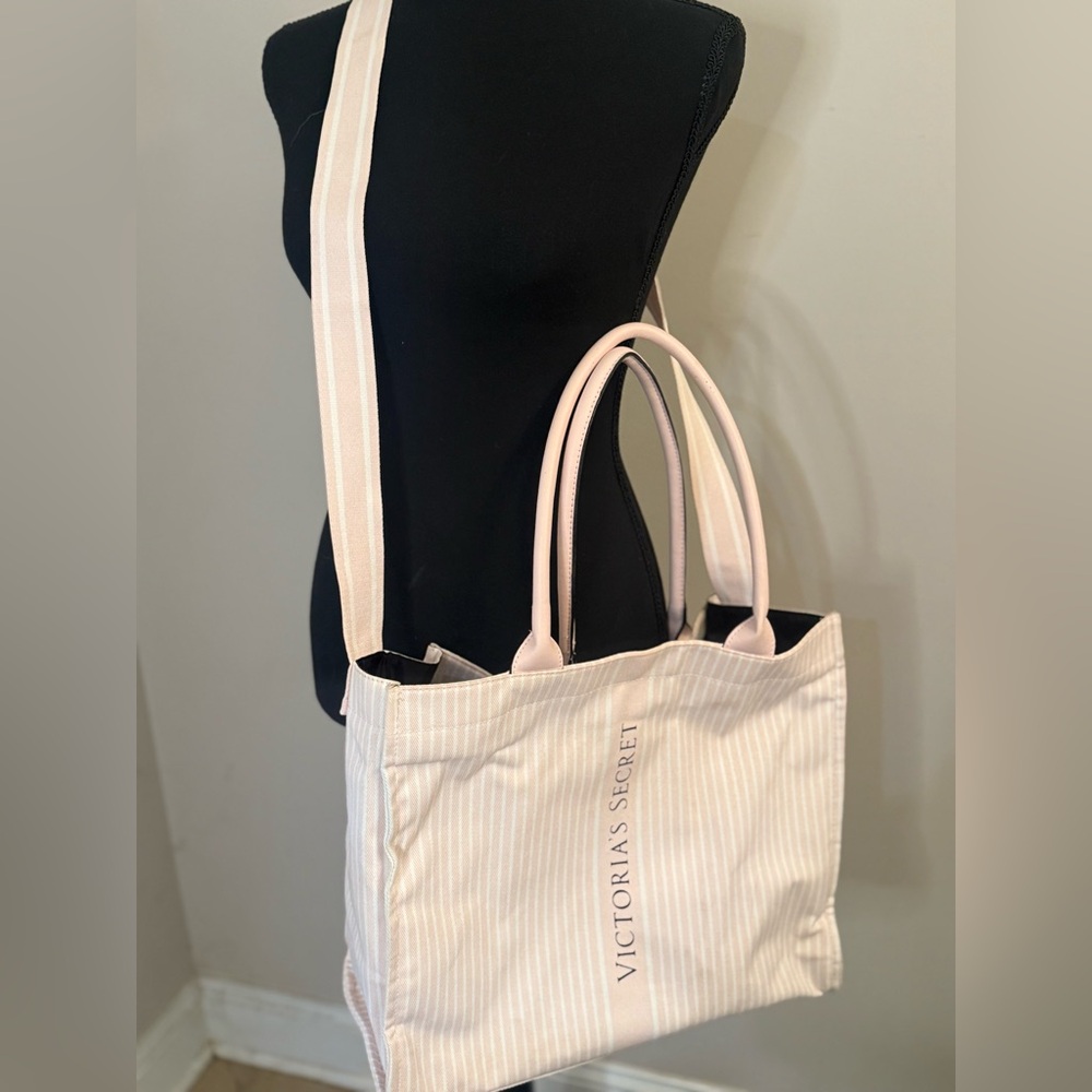 Victoria's Secret Light Pink and White Striped Tote Bag, large bag, weekender